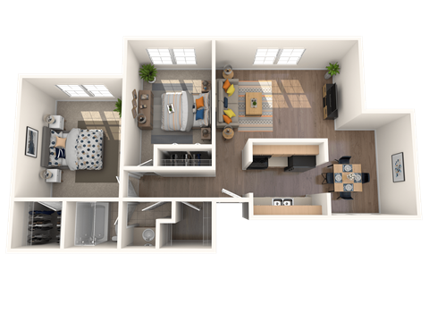 Floor plan for 2 beds, 1 bath, 858 sqft
